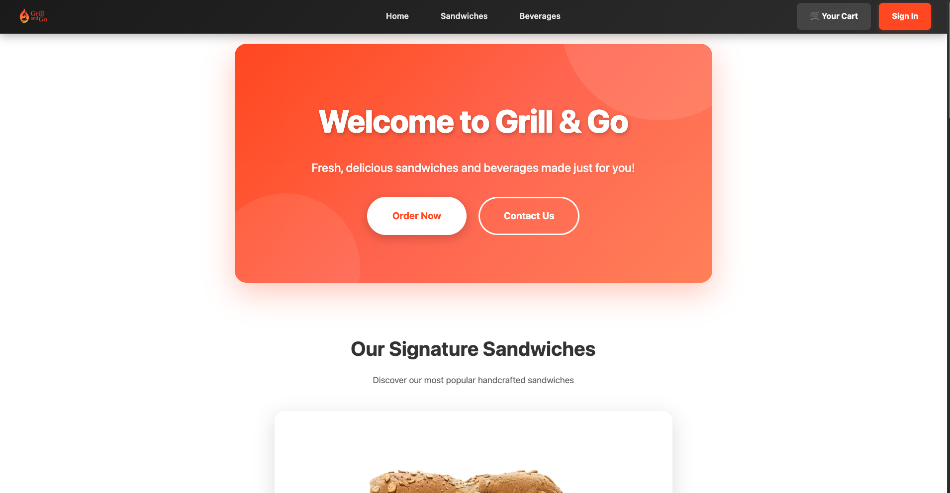 Grill & Go sandwich shop app screens